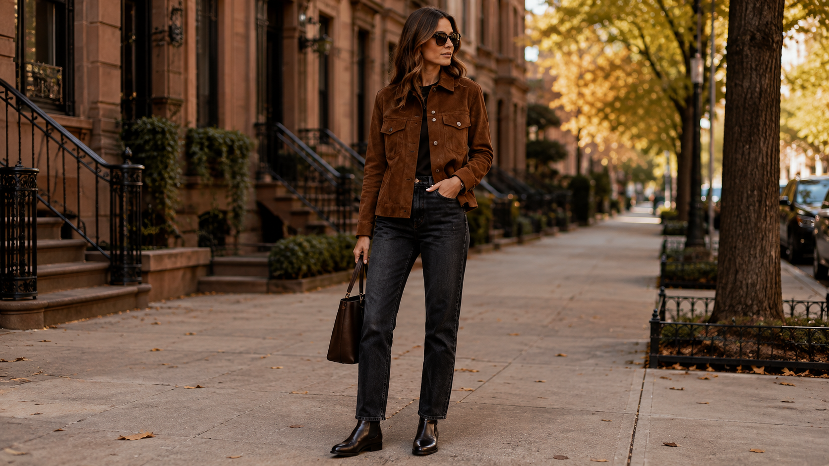 Cognac Suede Jacket with Washed Black Jeans and Chelsea Boots Fall Outfit